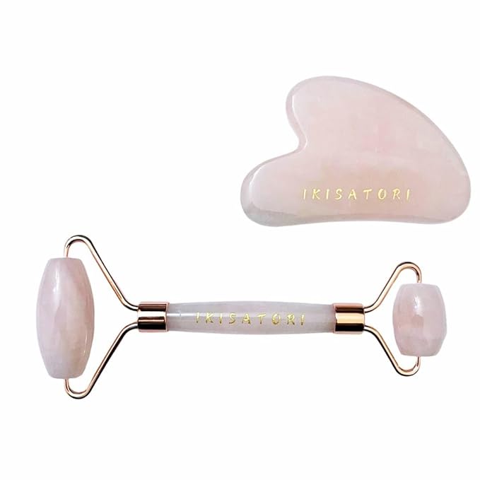 Rose Quartz Natural Stone Curved Facial Roller & Guasha Set by Unknown