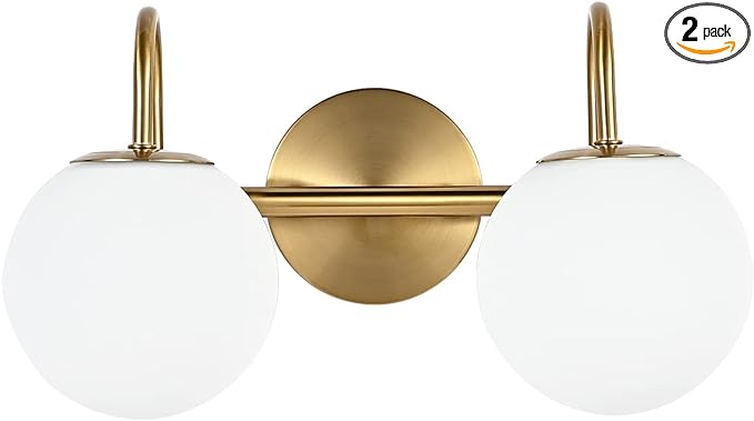 Modern Bathroom Vanity Light Fixtures 2 Lights Brushed Brass Milk White Globe by ZHUOERLighting