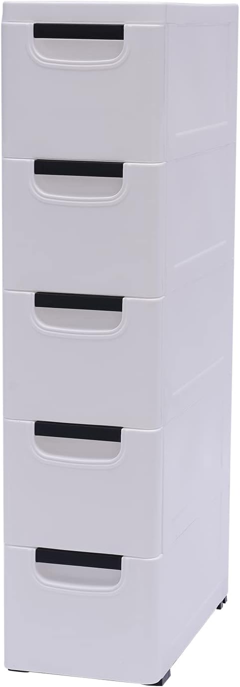 YARDOMGAR 5-Drawer Storage Cabinet with Removable Drawers - 7.87x15.75×33.07in White PP Vertical Plastic Storage Drawers for Toys & Home Decor, 22lbs Capacity (B-White)
