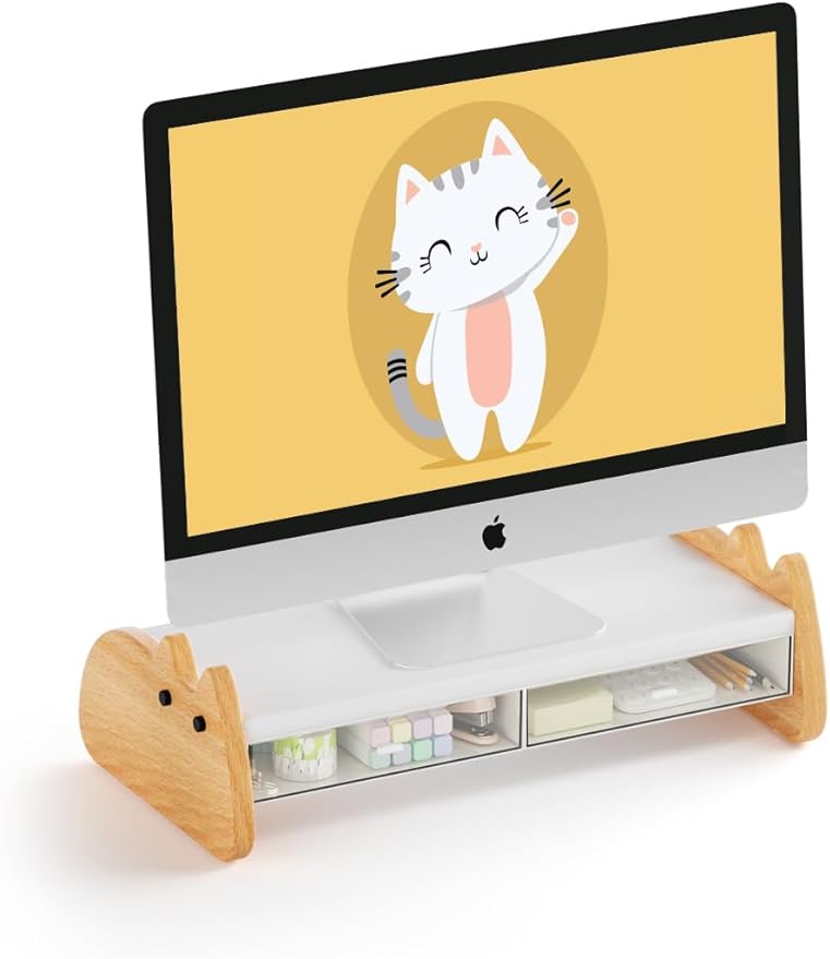 AFOOYO Monitor Stand Riser,Wooden & MDF Computer Desktop Stand with Acrylic Drawer,Laptop Stand Riser Holder ,Table Holder Desk Organizer Storage Stand for Laptop,Printer,TV,15.7 inch,Cute Cat