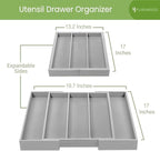 Purawood Kitchen Drawer Organizer - Expandable Utensil Drawer Organizer for Kitchen, Cutlery Tray & Silverware Organizer, 3-5 Slots - Bamboo Organizer for Utensils & Flatware (Grey)