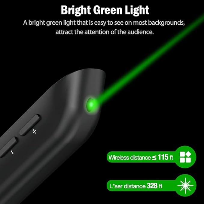 DINOSTRIKE Air Mouse Green Light USB Rechargeable Presentation Clicker Wireless Presenter Presentation Remote Control RF 2.4 GHz Powerpoint Clicker Slide Advancer for Mac Laptop Computer