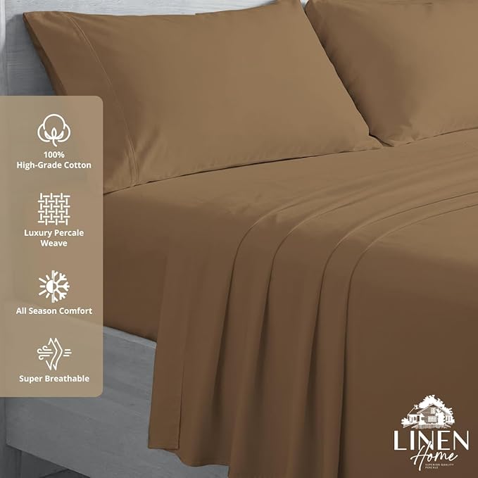 Linen Home 100% Cotton Percale Sheets Full Size, Earthy Brown, Deep Pocket - Image 3