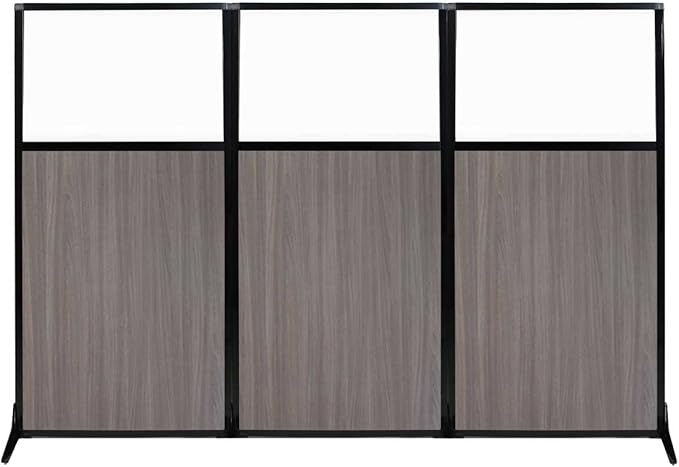 Versare Workstation Partition | Portable Wall Divider | Modern Office Cubicle | Free Standing Privacy Screen | Flexible Work Space | 99" x 70" Gray Elm Wood Grain Panels with Clear Window