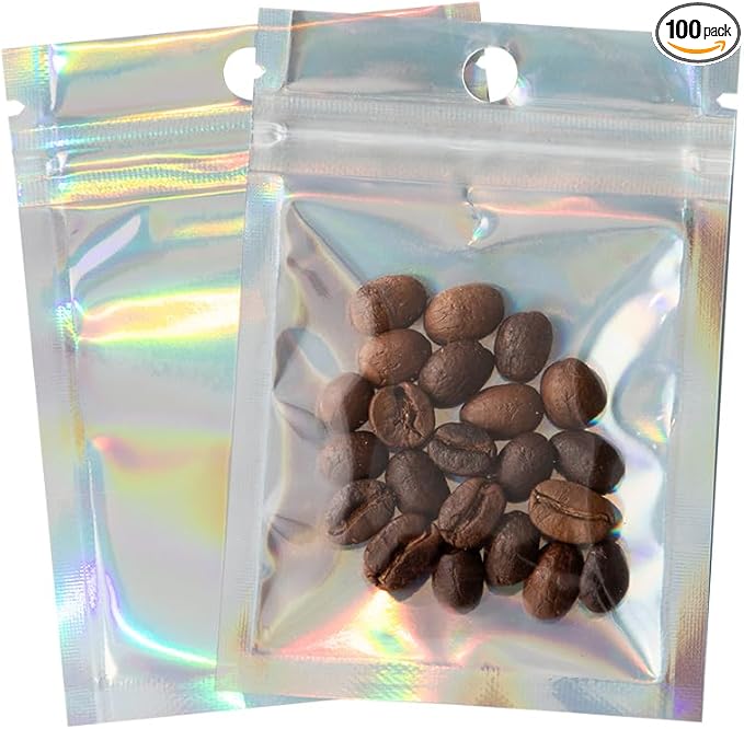 100Pcs Holographic Packaging Bags, 2.7x3.9 inch Resealable Foil Pouch Mylar Sample Bag Great for Small Business and Party Favor Food Storage Favors, Small Business Packaging