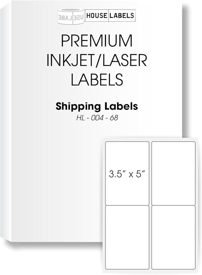 HOUSELABELS 4-up Shipping Labels (3-1/2" x 5") for Laser and Inkjet Printers, 1200 Sheets