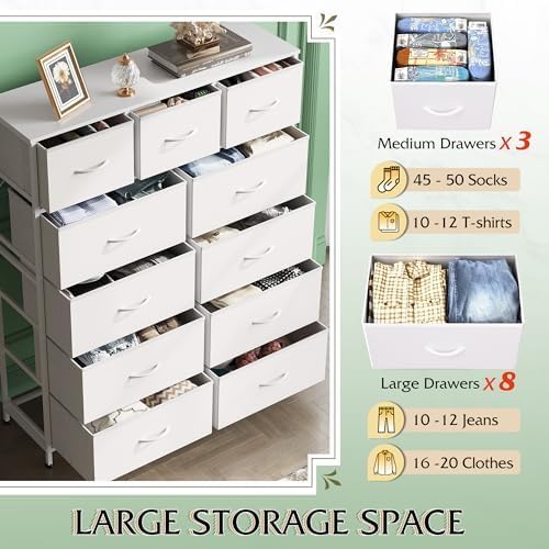 WLIVE Tall Dresser for Bedroom, Fabric Dressers Storage Tower, Dresser & Chest of Drawers Organizer Unit with 11 Drawers, Storage Cabinet, Hallway, Closets, Steel Frame, Wood Top, White