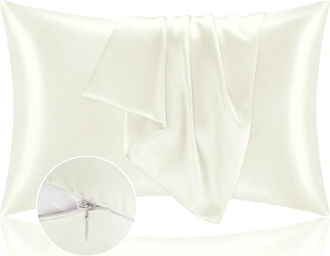 BEDELITE Satin Pillowcase with Zipper 2 Pack, Ivory Pillow Cases Standard Size by BEDELITE