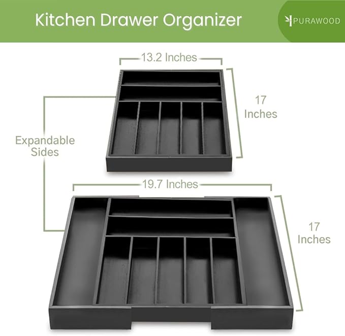 Purawood Bamboo Drawer Organizer - Expandable Silverware Organizer & Utensil Organizer, Cutlery Tray with Dividers, 7-9 Slots - Premium Kitchen Drawer Organizer for Utensils & Flatware (Black)