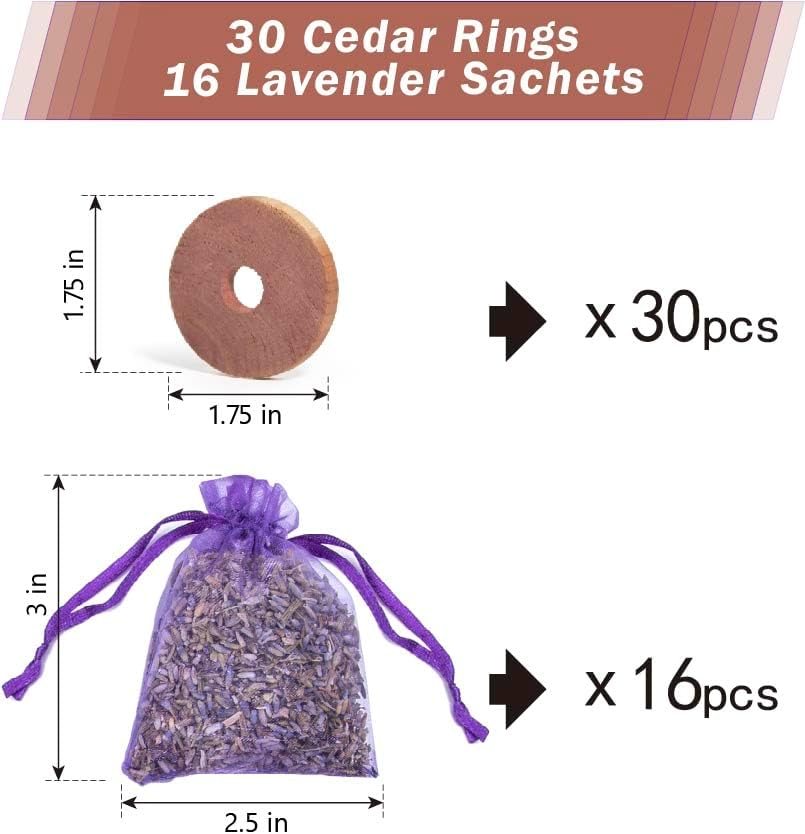 Pack of 30 Cedar Blocks and 16 Lavender Flower Sachets Craft Bag, Drawer Freshener, Linen, Shower Favor, Wedding and More, LV-E-LC-2