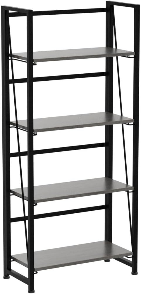 4NM No Assembly Folding Bookshelf Storage Shelves 4 Tiers Vintage Bookcase Standing Racks Study Organizer Home Office (Gray Black)