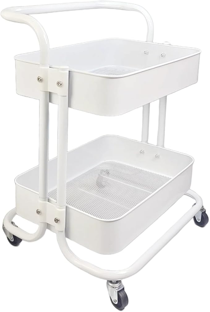 Ufriandz 2 Tier Cart with Wheels Under Desk Storage with Handle, Metal Rolling Pantry Cart for Kitchen White Small Rolling Basket for Laundry Room Bathroom, Utility Shelf Organizer for Small Space