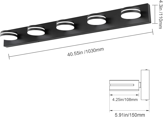 5 Light Bathroom Vanity Light, 30W LED Black Bathroom Light Fixtures Over Mirror - Image 5