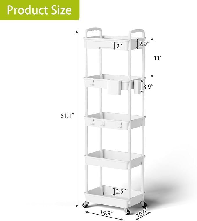 Sorgion 5 Tier Rolling Cart Organizer,Bathroom Cart Organizers with Wheels Laundry Room Organization Mobile Shelving Unit Utility Cart Storage Shelves Multi-Functional for Office, Home(White)