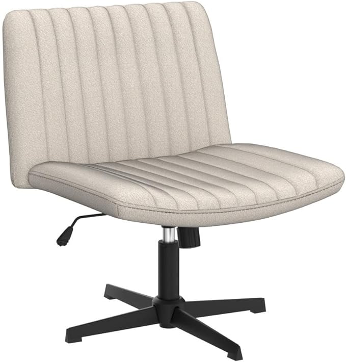 PUKAMI Criss Cross Chair,Comfy Cross Legged Office Desk Chair No Wheels,Modern Fabric Swivel Adjustable Height Mid Back Wide Seat for Home Office Computer Makeup Vanity Task(Beige)