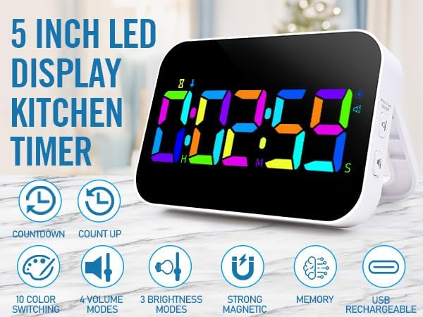 Kitchen Timer （1.5" Number） 10 RGB Color Changing Digital Magnetic Timer, Countdown/Up, Rechargeabilit, 3 Brightness Display, 3 Volume Levels and Vibration Mode, for Classroom, Study, Fitness