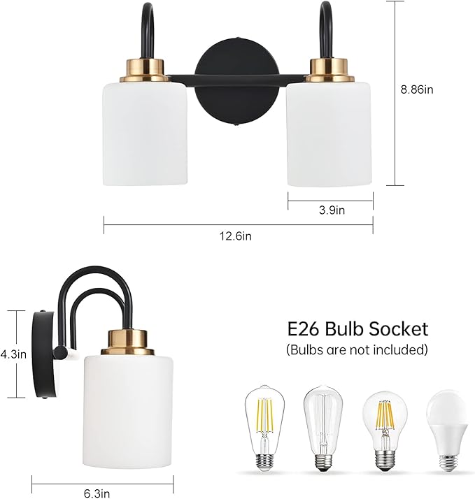 Modern Matte Black and Gold Bathroom Vanity Light Fixtures 2 Lights Milky Glass - Image 5
