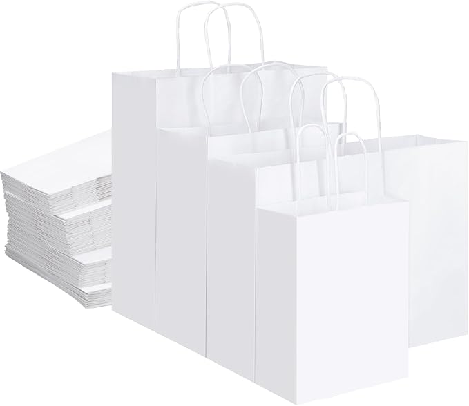 woric 120 PCS White Gift Bags with Handles, Large Gift Bags 4 Assorted Sizes White Paper Valentine's Day Bags Bulk for Gifts Small Business Retails Shopping