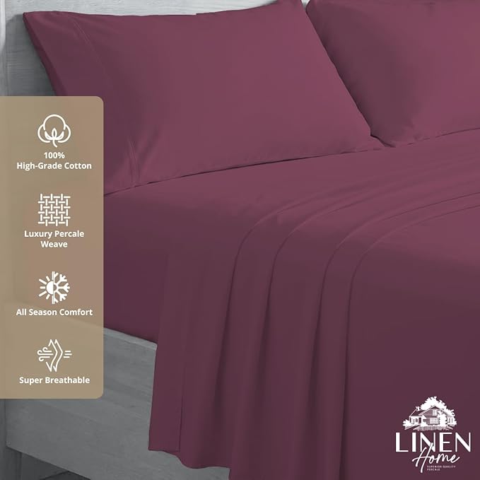Linen Home 100% Cotton Percale Sheets Full Size, Damson Berry, Deep Pocket - Image 3