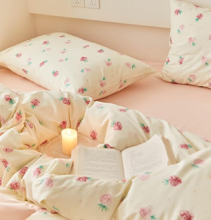 Nayoroom Strawberry Duvet Cover Set Full Size Girls Cute Pink Strawberries - Image 4