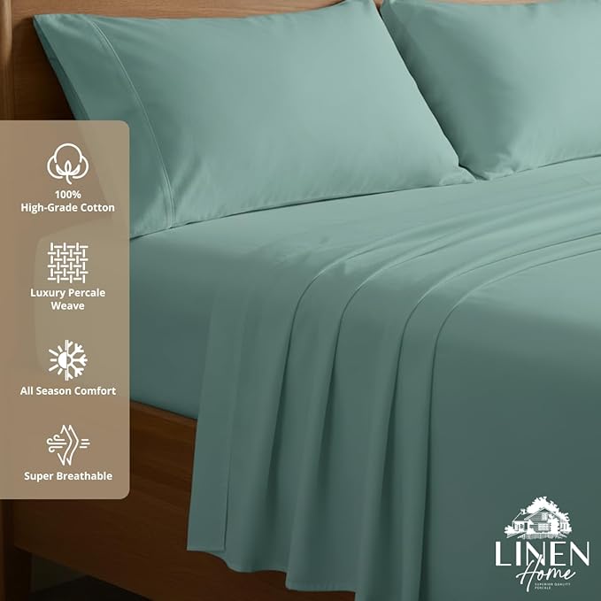 Linen Home 100% Cotton Percale Sheets Twin Size, Aqua Blue, Deep Pocket - Image 3
