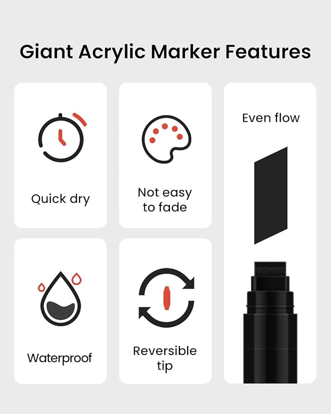 BIGTHUMB Black Poster Markers Jumbo: 5 Pcs 15mm Wide Tip Thick Acrylic Paint Pen Large Permanent Calligraphy Markers for Rock Painting, Stone, Poster, Canvas, Glass, Wood, Ceramic