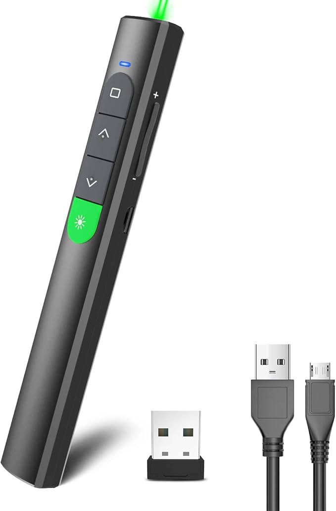 Wireless Presentation Clicker PowerPoint Presenter Remote: Rechargeable Green Laser Pointer Clickers for Computer/Mac/PPT/Slideshow/Google Slide Advancer