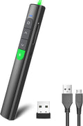 Wireless Presentation Clicker PowerPoint Presenter Remote: Rechargeable Green Laser Pointer Clickers for Computer/Mac/PPT/Slideshow/Google Slide Advancer