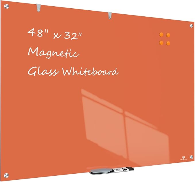 TSJ OFFICE Glass Dry-Erase Board - 48 x 32 Inches Wall Mounted Glass Whiteboard, Large Frameless Magnetic White Board for Office, Home & School, Orange