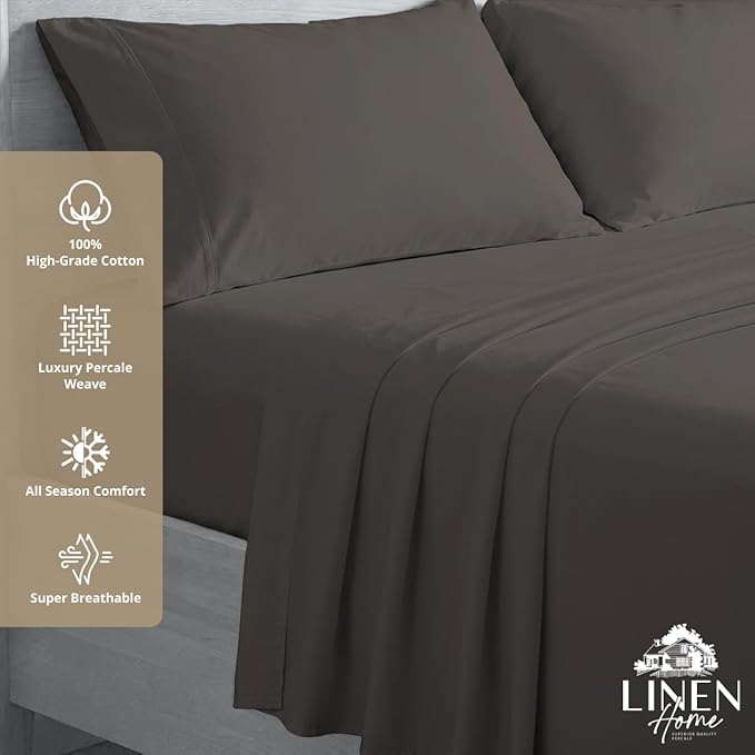 Linen Home 100% Cotton Percale Sheets Queen Size, Smoky Charcoal, Deep Pocket - Image 3