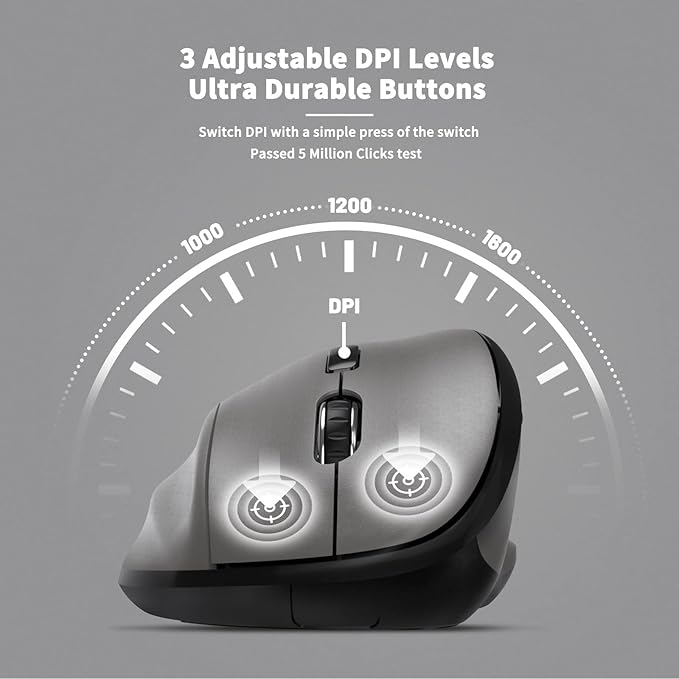 Ergonomic Wireless Mouse with USB Receiver for PC Computer, Laptop and Desktop, Ergo Vertical Mouse with Silent Clicks Long Battery Life, Up to 1600 DPI & 1 AA Battery Powered, Grey