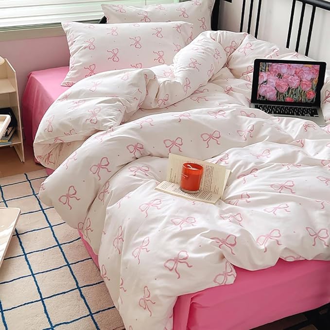 Nayoroom Pink Bow Duvet Cover Queen Size Polka Dot Bowknot Coquette Duvet Cover by Nayoroom