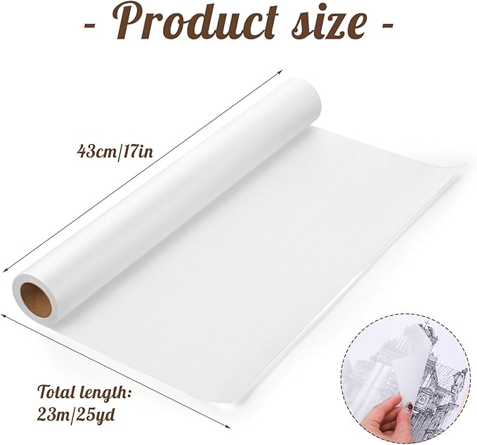 Tracing Paper Roll 17in x 25yd, White Trace Paper Pattern Paper Translucent Tracing Paper for Sewing, Drawing, Sketch, Gift Wrapping