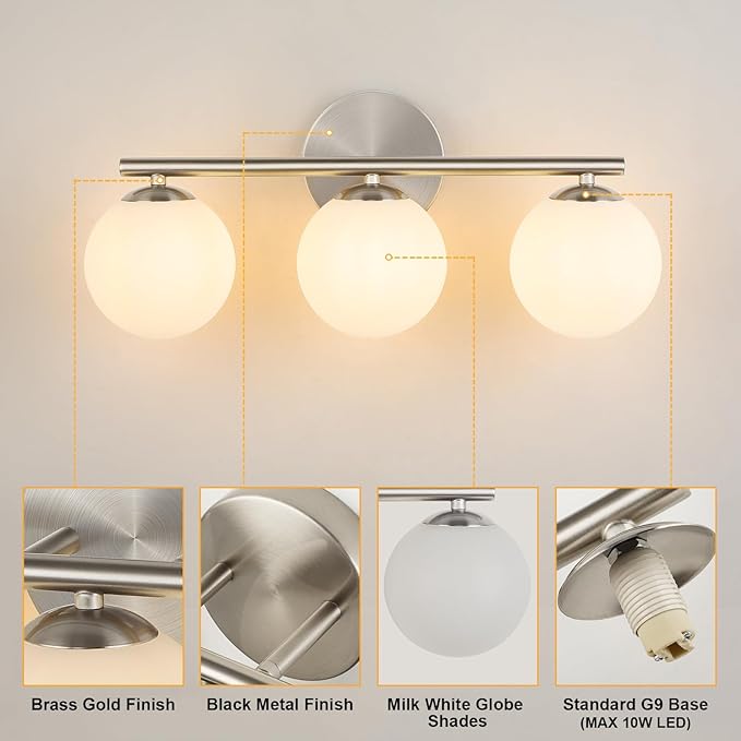 Brushed Nickel Bathroom Light Fixtures 3-Light Globe Vanity Light - Image 7