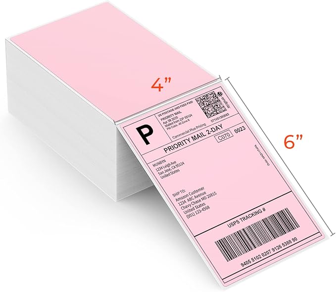 MUNBYN 4"x6" Pink Direct Thermal Shipping Labels, Commercial Grade Permanent Adhesive Fanfold Mailing Postage Label Paper for Thermal Printers and Packages, 500 Sheets per Stack