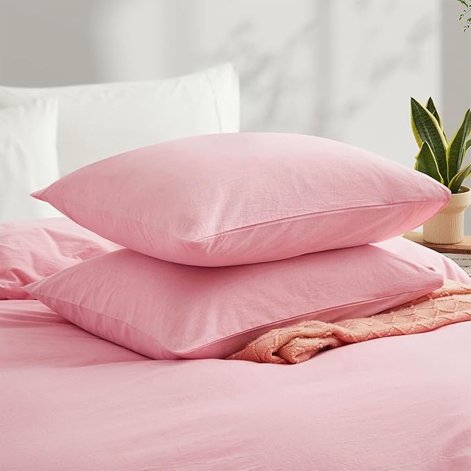 LOVQUE Pink Cotton Duvet Cover King Size, Linen Like Natural Bedding Set - Image 3