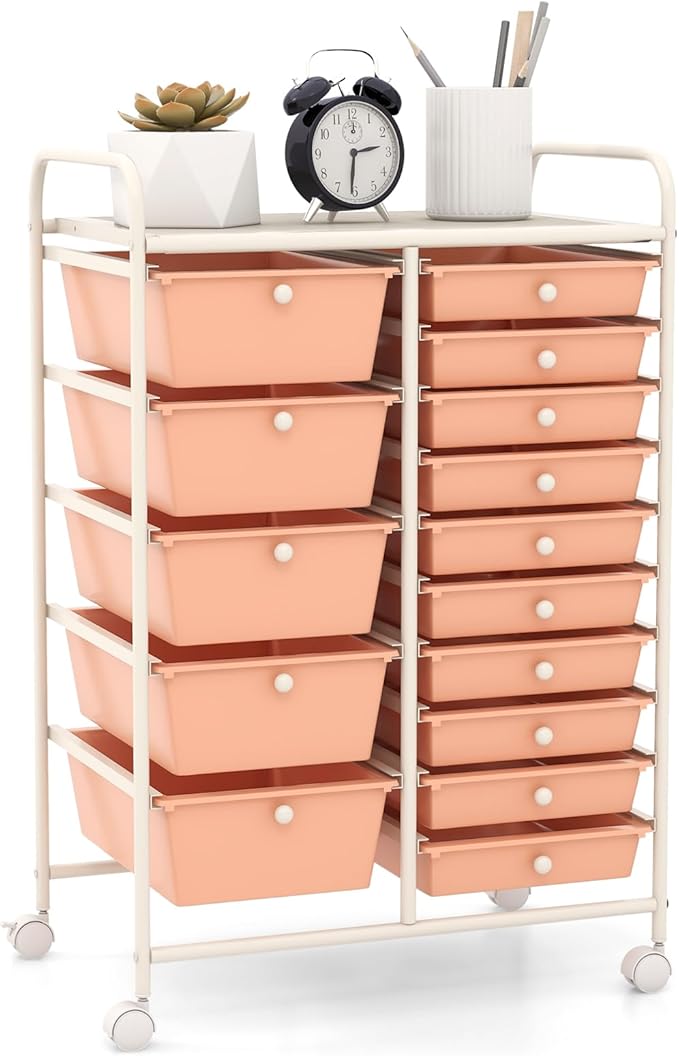GOFLAME 15-Drawer Rolling Storage Cart, Craft Storage Cart with Removable Drawers & Lockable Wheels, Art Cart Supply Storage Organizer for Home Office Classroom, Peach Fuzz