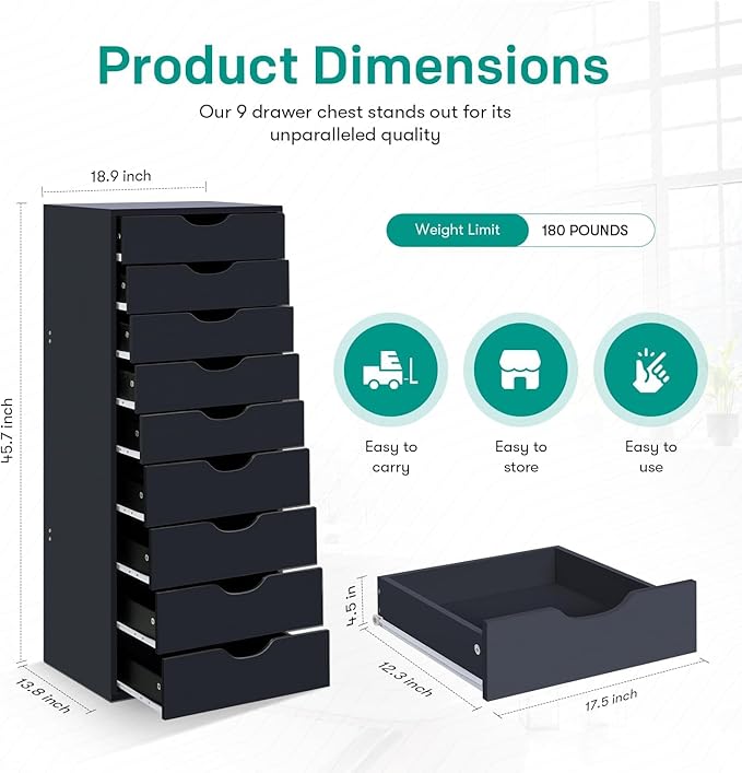 Naomi Home Bianca 9-Drawer Craft & Office Storage Cabinet, Black – Ultimate Rolling Organizer for Arts & Files, Ample Space in Compact Form, 15.7" D x 18.9" W x 39.3" H