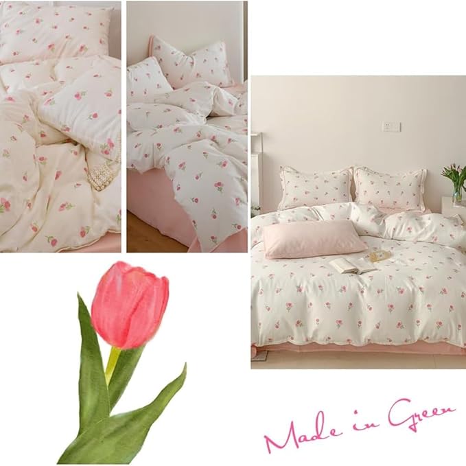Nayoroom Pink Floral Duvet Cover Queen Size Cute Tulip Printed on White - Image 4