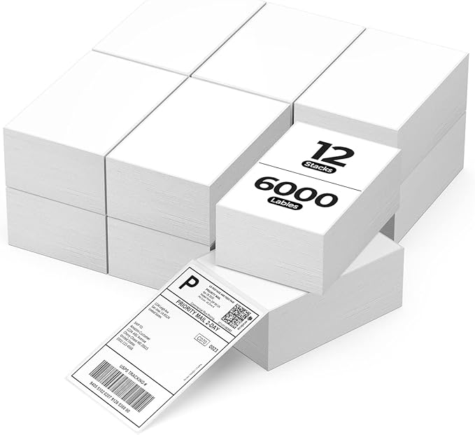 MUNBYN 4x6 Inch Direct Thermal Labels, 6000 Labels/12 Stacks(500 Pcs per Stack), Fanfold Shipping Label Paper for Thermal Printers, Permanent Adhesive Mailing Postage Labels for Shipping Packages