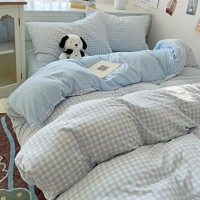 Nayoroom Gingham Duvet Cover Queen Size Reversible Blue Plaid Checkered Duvet - Image 3