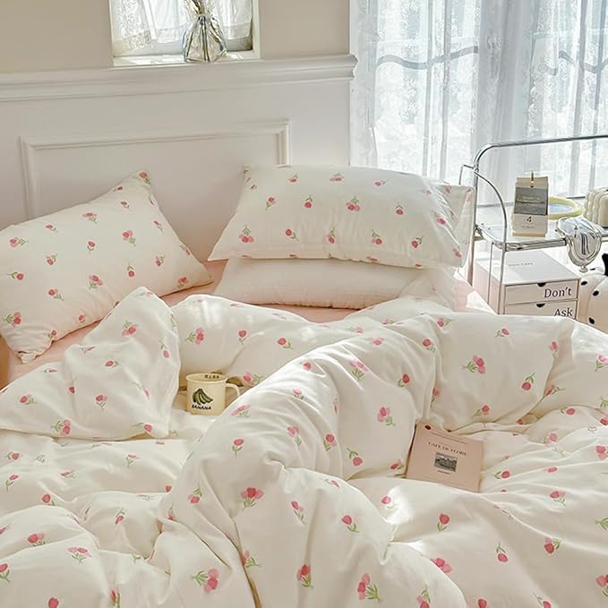 Nayoroom Pink Floral Duvet Cover Full Size Cute Tulip Printed on White - Image 5