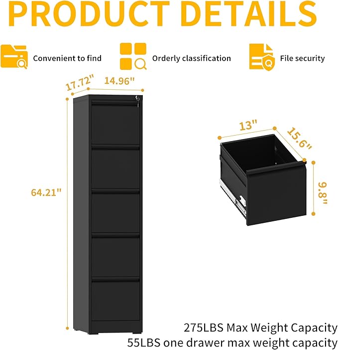 Reegangfa 5 Drawer File Cabinet with Lock, 18" D Metal Vertical File Cabinets, Steel File Storage Cabinets for Home Office, Hanging A4 Legal/Letter Size Narrow Filing Cabinet, Assembly Required