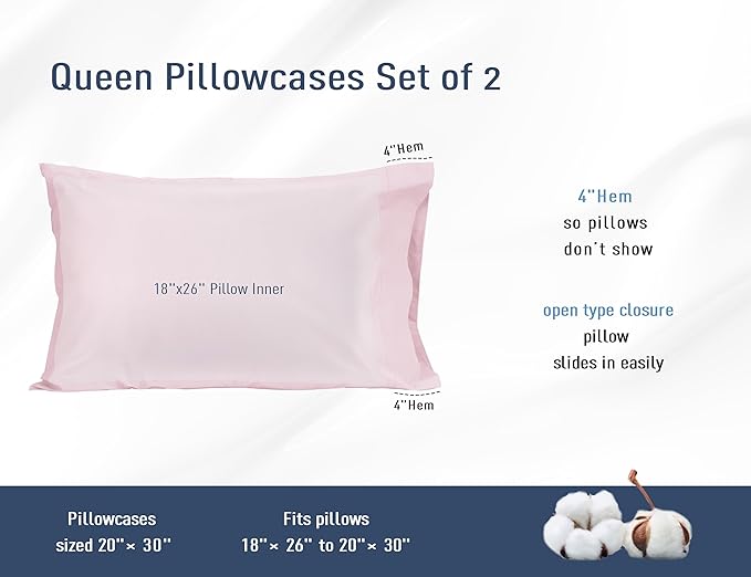 Pillow Cases, Standard Queen Size Cotton Percale Weave Pillowcases, Pre-Shrunk - Image 3