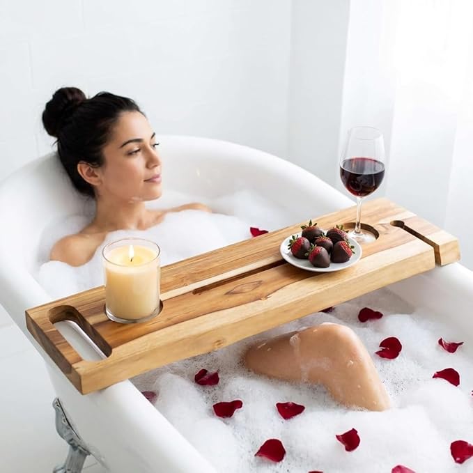 EcoDecors Eleganto 30" Live Edge Solid Teak Bath Caddy Tray - Image 4