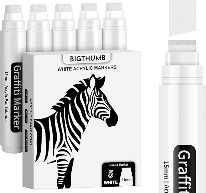 BIGTHUMB White Poster Markers Jumbo Paint Pen: 5 pcs 15mm Wide Tip Thick Acrylic Paint Pen Large Graffiti Markers for Rock Painting, Stone, Sign, Canvas, Glass, Wood, Ceramic