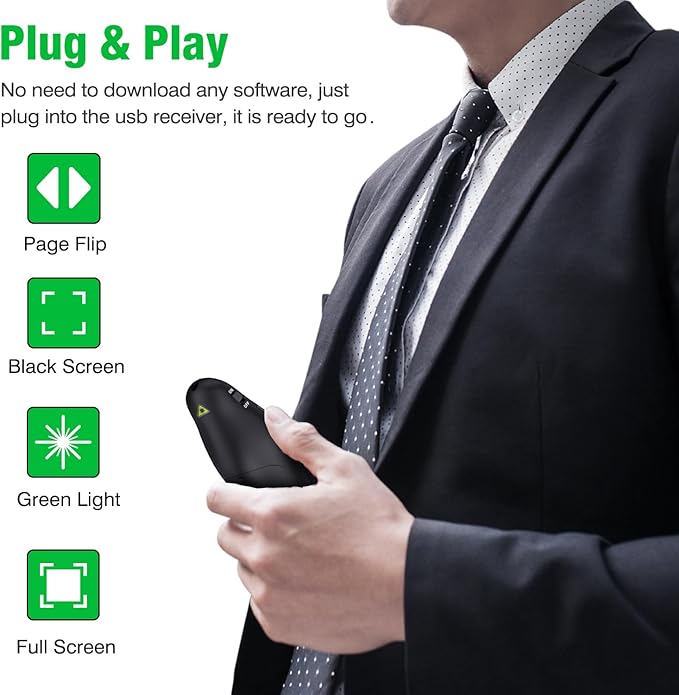 DinoFire Green Presentation Clicker Wireless Presenter Remote, RF 2.4GZ Rechargeable USB Slide Clicker for Powerpoint Presentation Computer Laptop