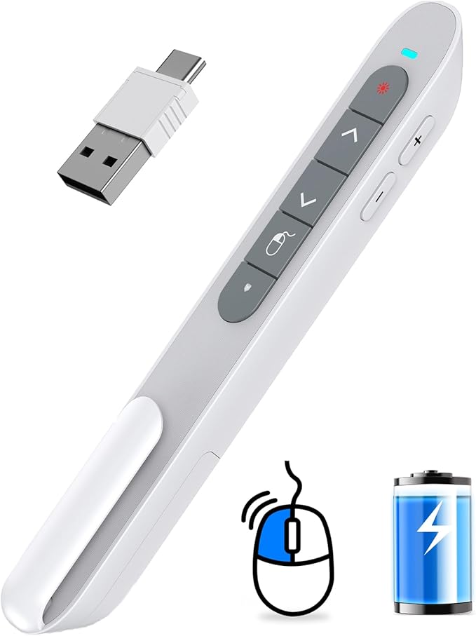 DINOSTRIKE White Presentation Clicker with Air Mouse Control, USB Type C Wireless Presenter Remote Clicker for Powerpoints Slide RF 2.4GZ Slide Advancer for Computer Laptop Mac