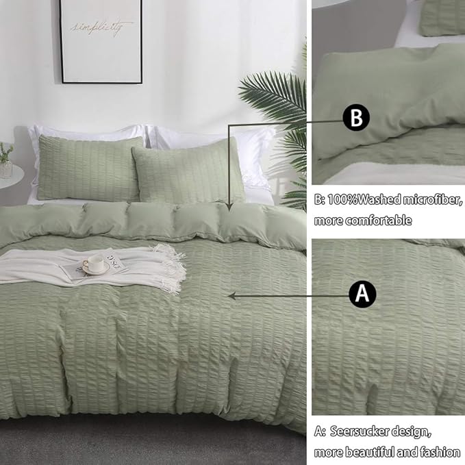 AveLom Green Duvet Cover Queen, 3 Pieces, Seersucker Tripe Soft Washed - Image 7