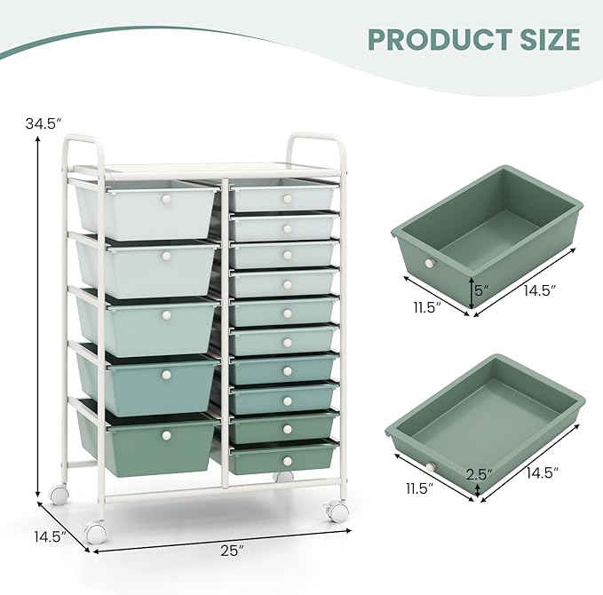 GOFLAME 15-Drawer Rolling Storage Cart, Craft Storage Cart with Removable Drawers & Lockable Wheels, Art Cart Supply Storage Organizer for Home Office Classroom, Green Gradient